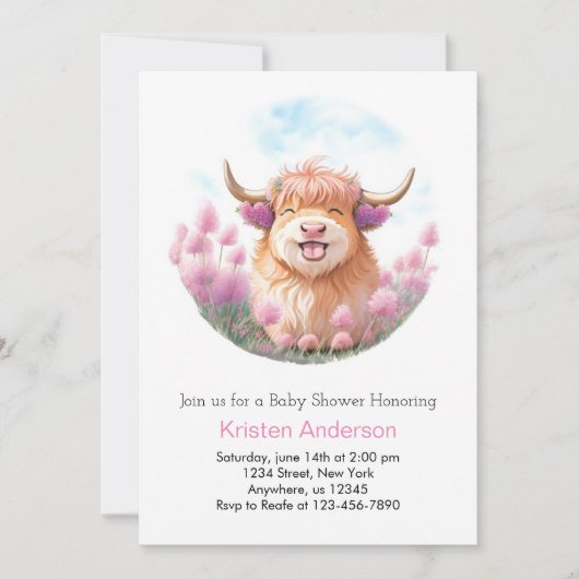 Invitation Baby shower de fille rose modifiable de la vache H (Devant)