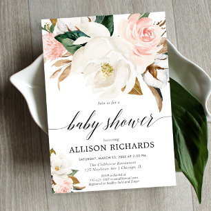Invitation Baby shower de fille rose pâle rose magnolia flora