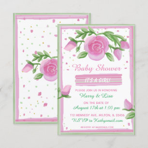 Invitation Baby shower de fille Rose rose et Sage Aquarelle
