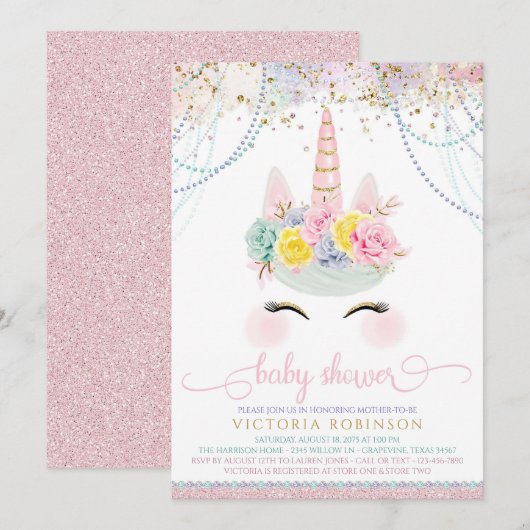 Invitation Baby shower de fille Unicorn rose pâle (Devant / Derrière)