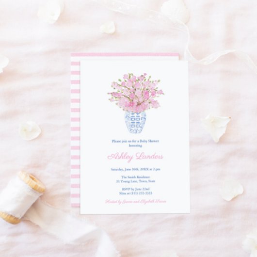 Invitation Baby shower de fille Vase blanc bleu Sakura