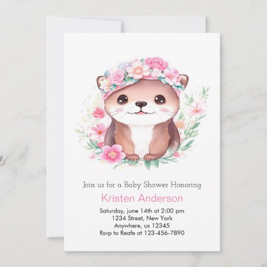 Invitation Baby shower de fille Whimsical Fleur sauvage Otter (Devant)