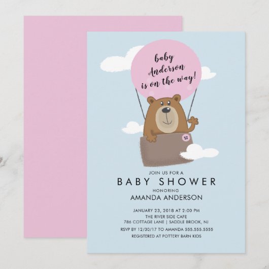 Invitation Baby shower de filles à l'ours à ballon (Devant / Derrière)