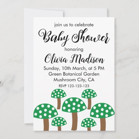 Invitation Baby shower de filles aux champignons verts (Devant)