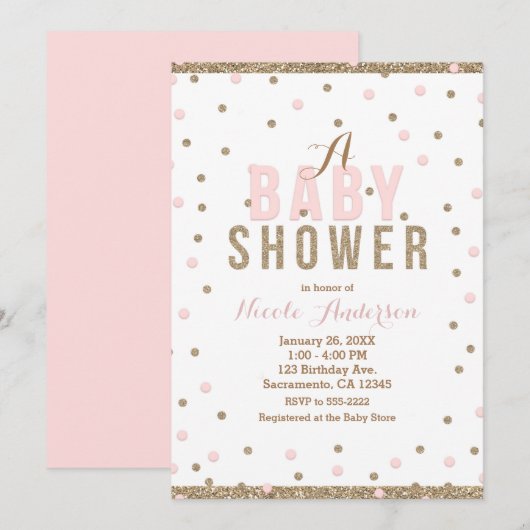Invitation Baby shower de filles Confetti Rose & Or (Devant / Derrière)