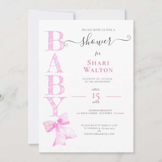 Invitation BABY SHOWER DE FILLES DE RIBBON ROSE (Devant)
