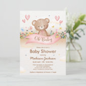 Invitation Baby shower de filles Fleurs sauvages de l'ours bé (Debout devant)