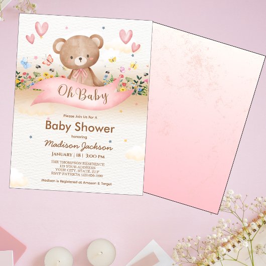 Invitation Baby shower de filles Fleurs sauvages de l'ours bé