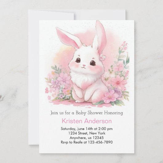 Invitation Baby shower de filles florales roses de lapin de b (Devant)