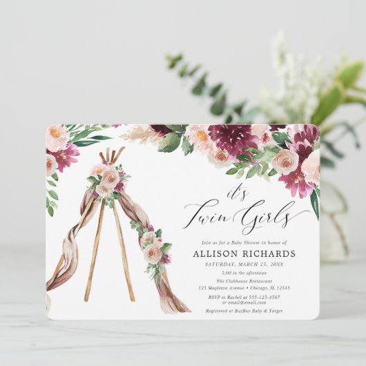 Invitation baby shower de filles jumelles boho de fleurs rust (Debout devant)