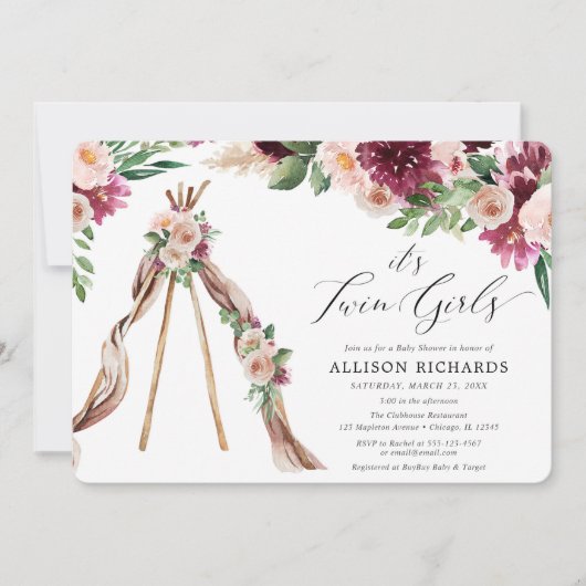 Invitation baby shower de filles jumelles boho de fleurs rust (Devant)