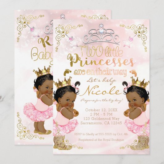 Invitation Baby shower de filles jumelles roses Princess (Devant / Derrière)