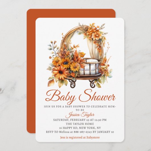 Invitation Baby shower de filles nouveau-nées Basinet automne (Devant / Derrière)