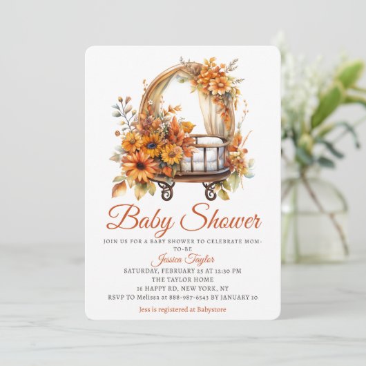 Invitation Baby shower de filles nouveau-nées Basinet automne (Debout devant)