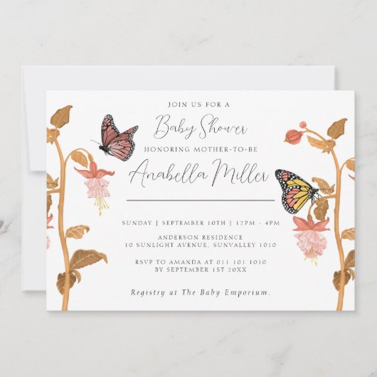Invitation Baby shower de filles papillon rose moderne Boho (Devant)