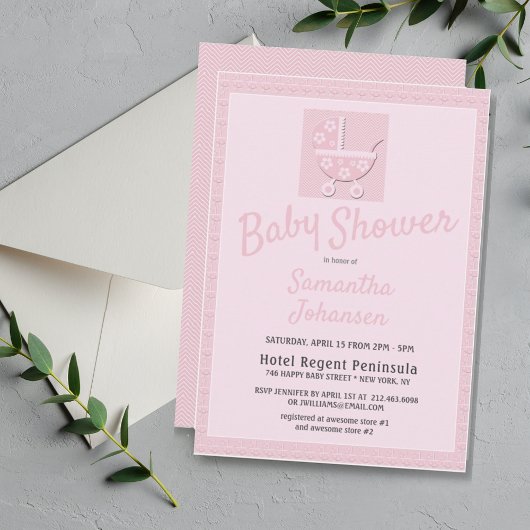 Invitation Baby shower de filles porteuses de bébé rose migno