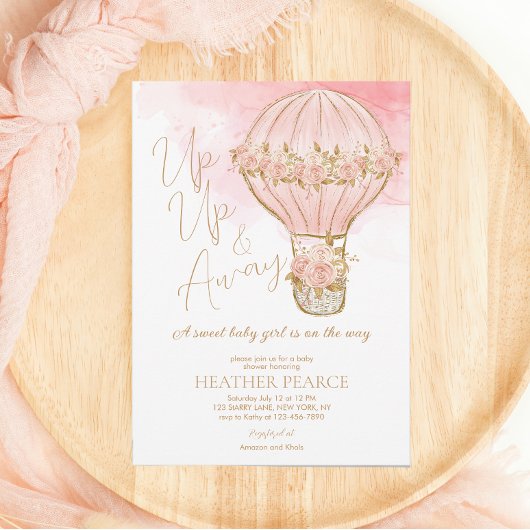 Invitation Baby shower de filles Rose à air chaud vers le hau
