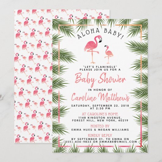 Invitation Baby shower de Flamant rose d'aquarelle Tropical P (Devant / Derrière)