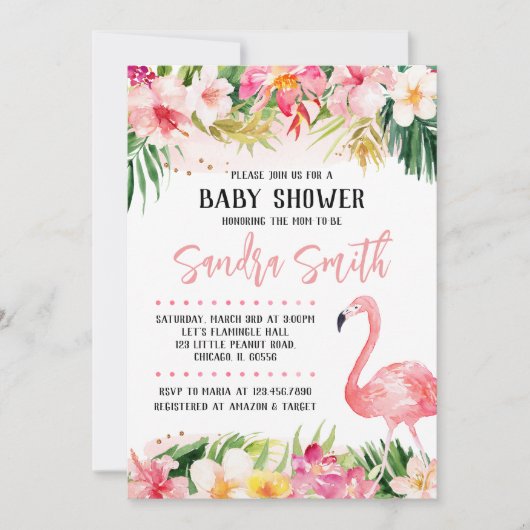 Invitation Baby shower de Flamant rose floral (Devant)