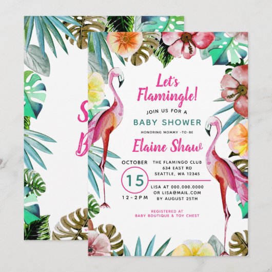 Invitation Baby shower de Flamant rose rose paradis tropical (Devant / Derrière)