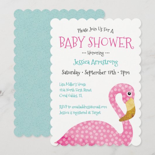 Invitation Baby shower de Flamant rose rose Polka Dot (Devant / Derrière)