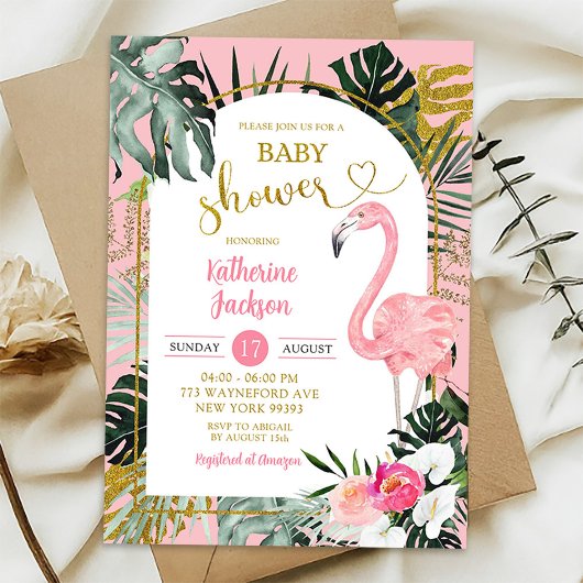 Invitation Baby shower de Flamant rose Tropical Monstera Rose