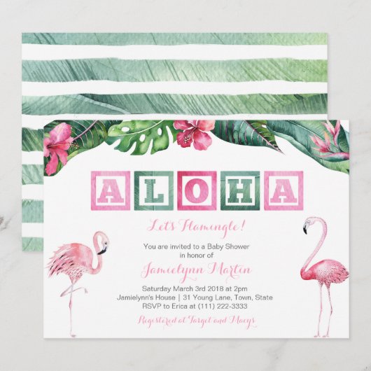 Invitation Baby shower de Flamants roses de Foliage Tropical (Devant / Derrière)