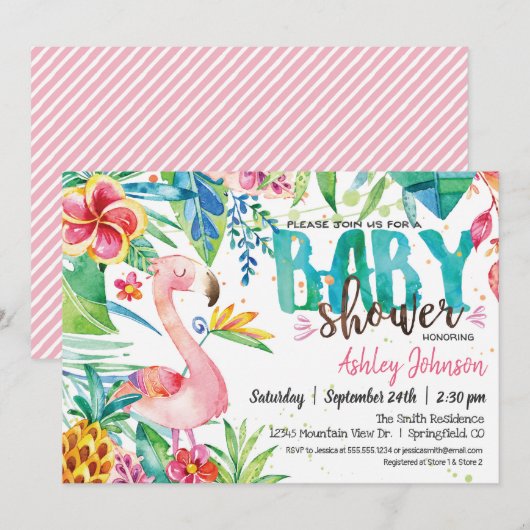 Invitation Baby shower de Flamants roses tropicaux (Devant / Derrière)