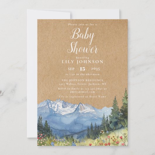 Invitation Baby shower de Fleur sauvage Rustique Kraft Mounta (Devant)