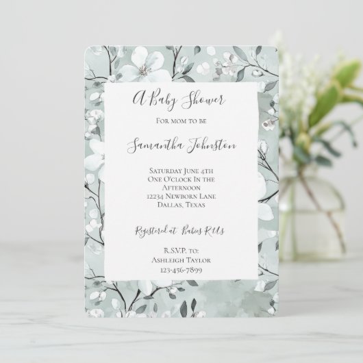 Invitation Baby shower de Fleurs blanches gris chic (Debout devant)