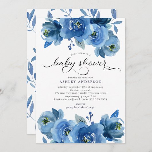 Invitation Baby shower de fleurs bleu aquarelle (Devant / Derrière)