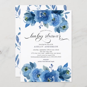 Invitation Baby shower de fleurs bleu aquarelle