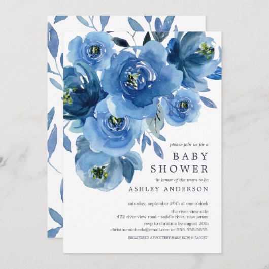 Invitation Baby shower de fleurs bleu aquarelle (Devant / Derrière)