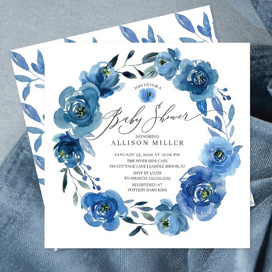 Invitation Baby shower de fleurs bleu aquarelle