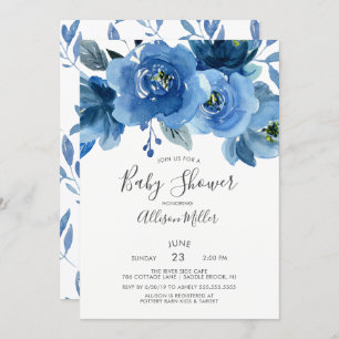 Invitation Baby shower de fleurs bleu aquarelle