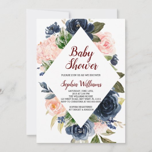 Invitation Baby shower de fleurs bleu marine et rose pâle (Devant)