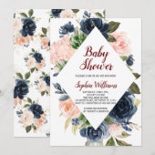 Invitation Baby shower de fleurs bleu marine et rose pâle (Devant / Derrière)