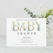 Invitation Baby shower de fleurs bleues interurbaines virtuel (Debout devant)