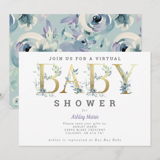 Invitation Baby shower de fleurs bleues interurbaines virtuel (Devant / Derrière)