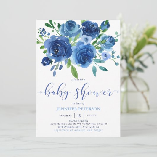 Invitation Baby shower de fleurs bleues rustiques (Debout devant)