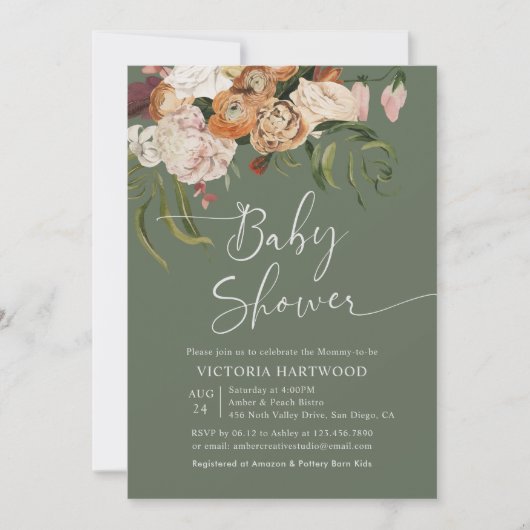 Invitation Baby shower de fleurs Boho en terre cuite verte Sa (Devant)