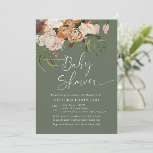 Invitation Baby shower de fleurs Boho en terre cuite verte Sa (Debout devant)