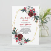 Invitation Baby shower de fleurs bordeaux à cadre géométrique (Debout devant)