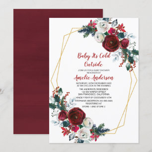 Invitation Baby shower de fleurs bordeaux à cadre géométrique