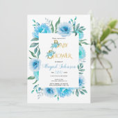 Invitation Baby shower de fleurs d'aquarelle bleu pour garçon (Debout devant)