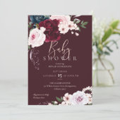 Invitation Baby shower de fleurs d'aquarelle de Bourgogne et  (Debout devant)