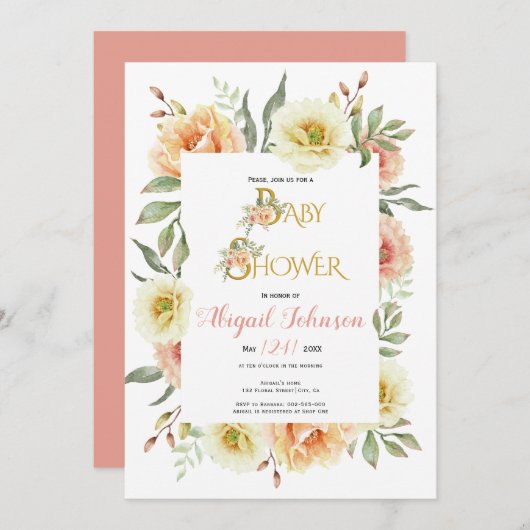 Invitation Baby shower de fleurs d'aquarelle pour filles (Devant / Derrière)