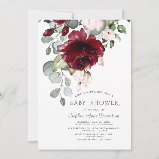 Invitation Baby shower de fleurs d'aquarelle rose bordeaux (Devant)