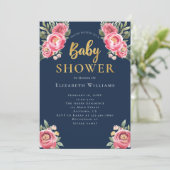 Invitation Baby shower de fleurs d'aquarelle rose Marine Peon (Debout devant)