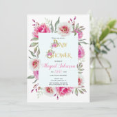 Invitation Baby shower de fleurs d'aquarelle rose pour filles (Debout devant)